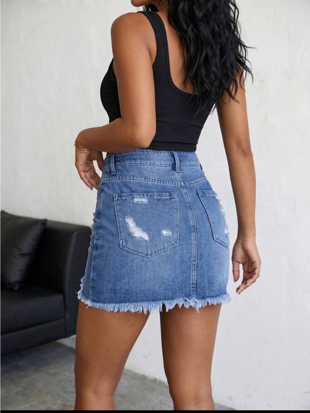 High-Rise Distressed Denim Mini Skirt - Blue - Picture 2 of 5